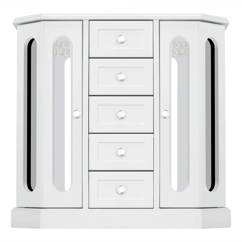 RR ROUND RICH DESIGN Jewelry Box - Made of Solid Wood with Cabinet Type 5 Drawers Organizer and 2 Separated Open Doors on 2 Sides and Large Mirror White - Image 1